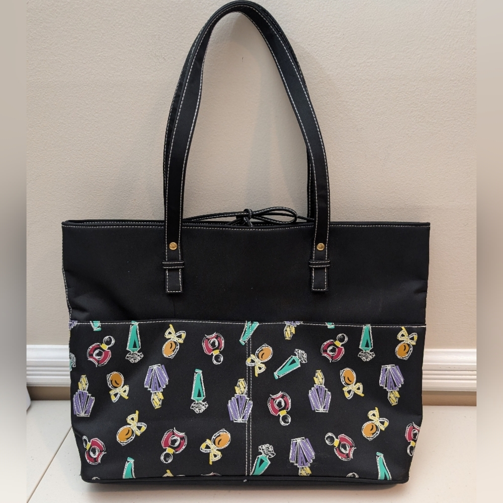 Vintage Chic Black Elizabeth Taylor Tote with Colorful Perfume Pattern